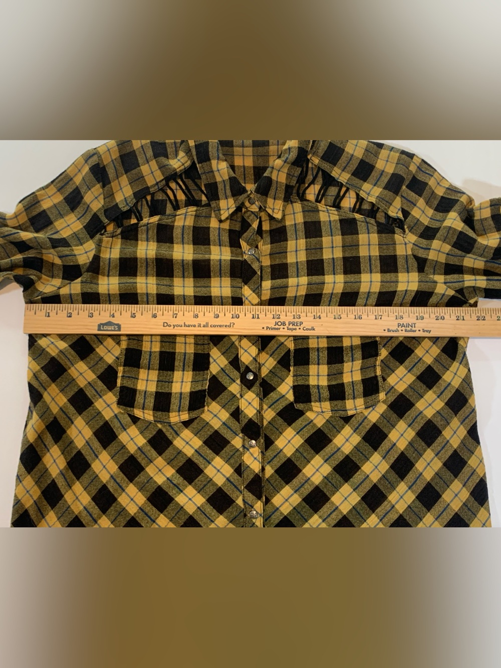 Free People Yellow Plaid Snap-Down Lace-Up Shoulders Boho Flannel Shirt Medium - Picture 10 of 13